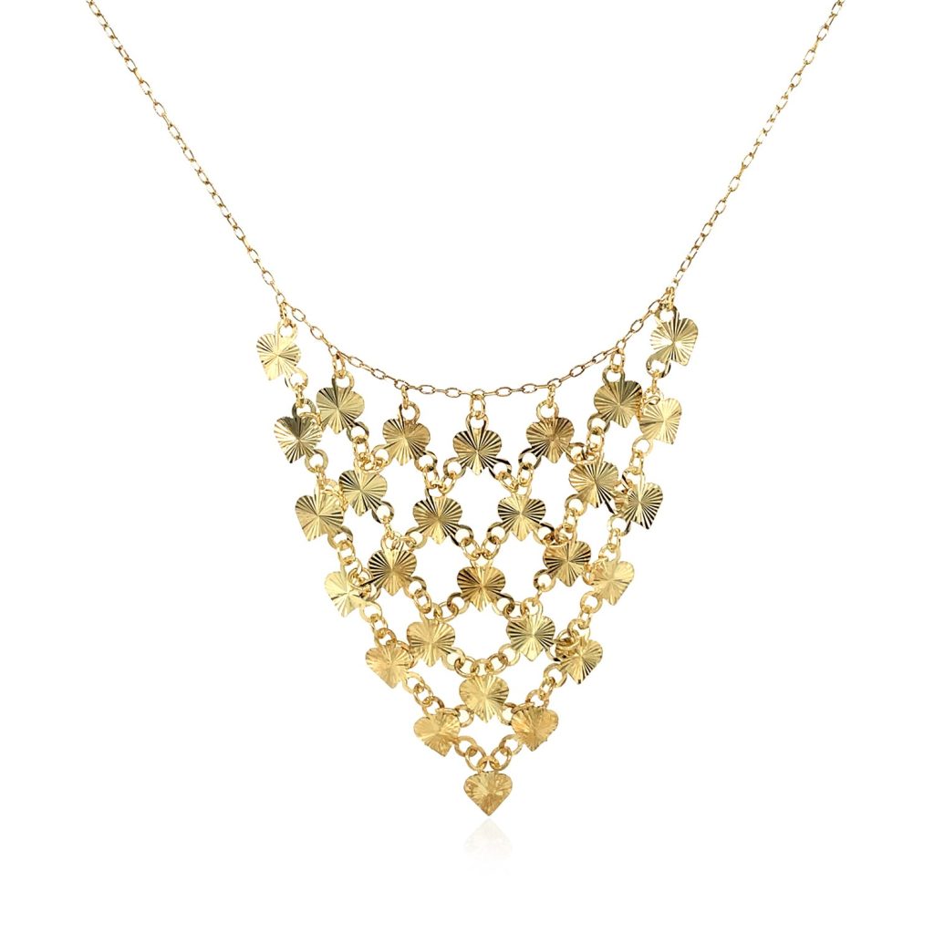14k Yellow Gold Bib Style Textured Hearts Necklace.