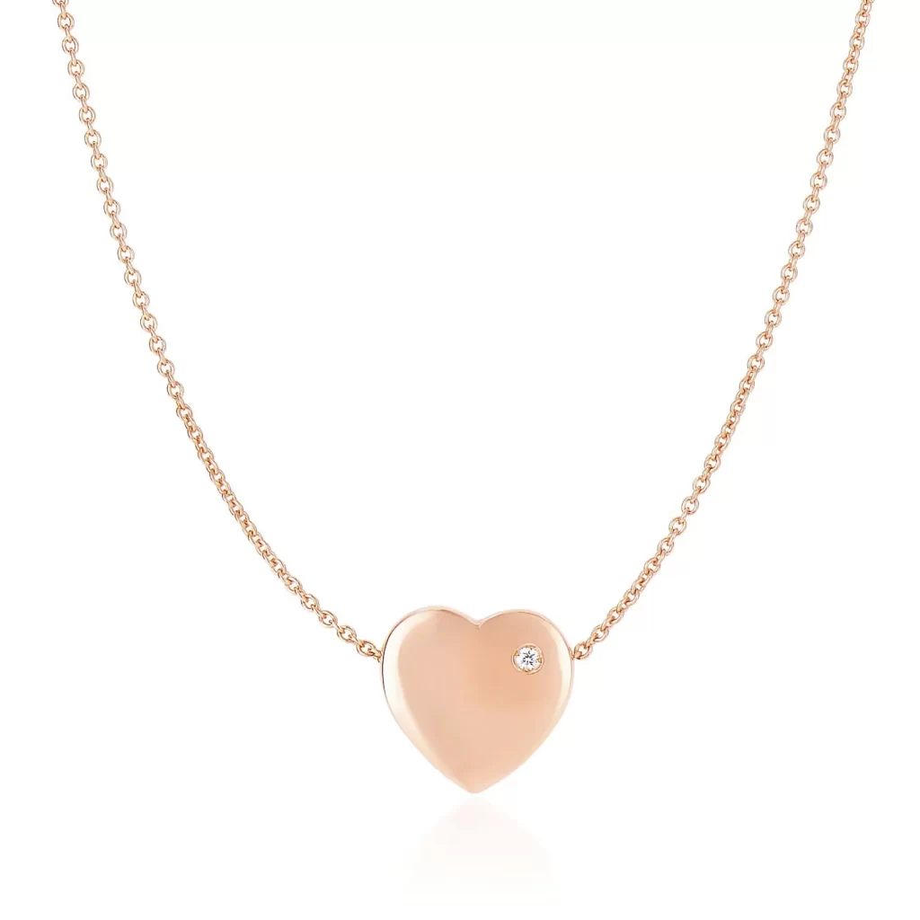 14k Rose Gold Necklace with a Diamond Embellished Flat Heart Design - Crownjewelshop.com