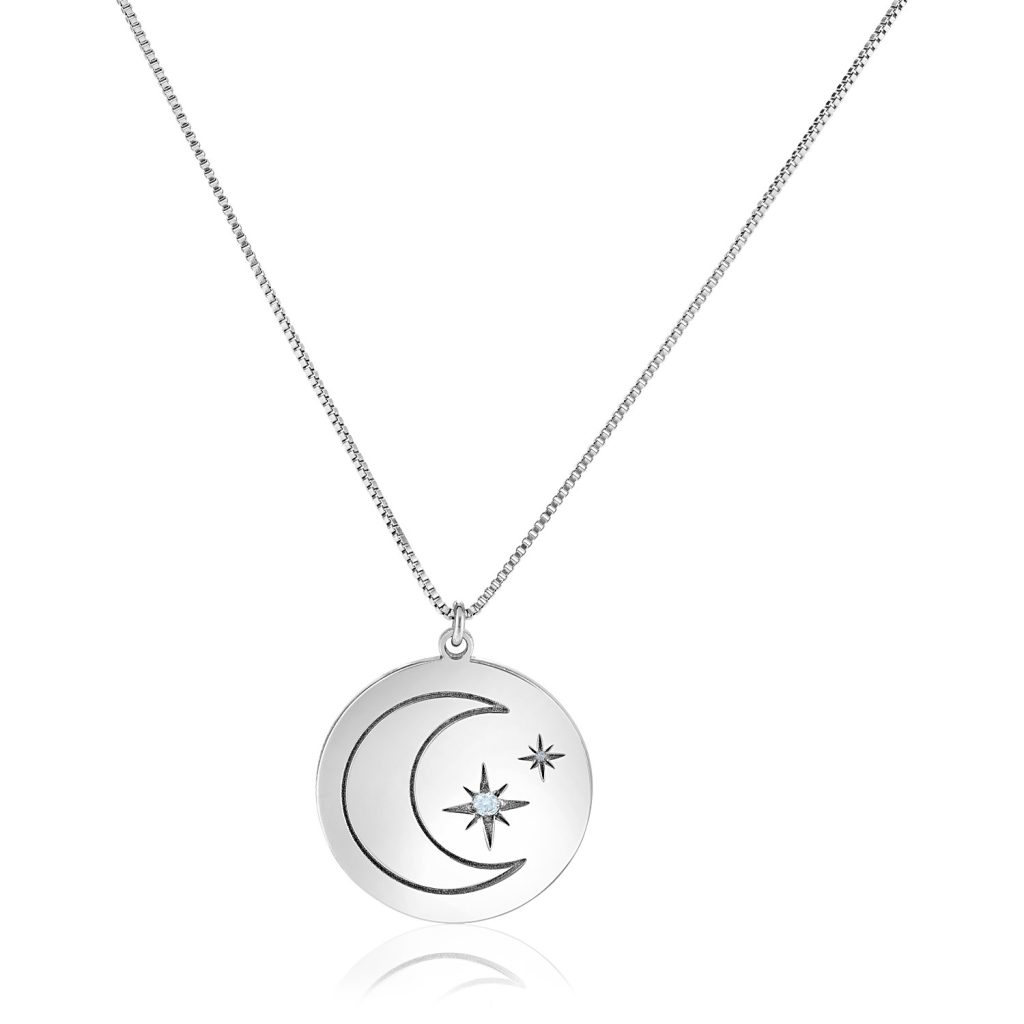 Sterling Silver 18 inch Necklace with Engraved Moon and Stars and Diamonds.