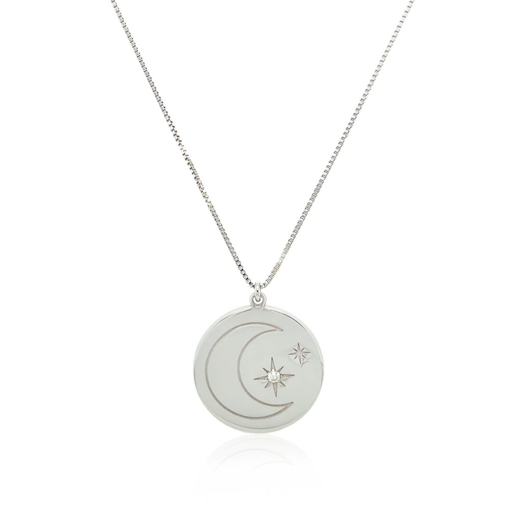 Sterling Silver 18 inch Necklace with Engraved Moon and Stars and Diamonds.