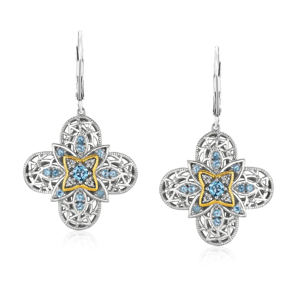 Sterling Silver and 14k Yellow Gold Blue Topaz Quatrefoil Earrings with Diamonds.