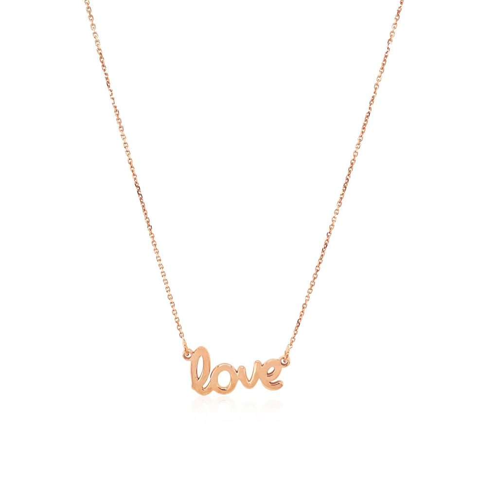 Buy the the 14k Rose Gold Script LOVE Necklace