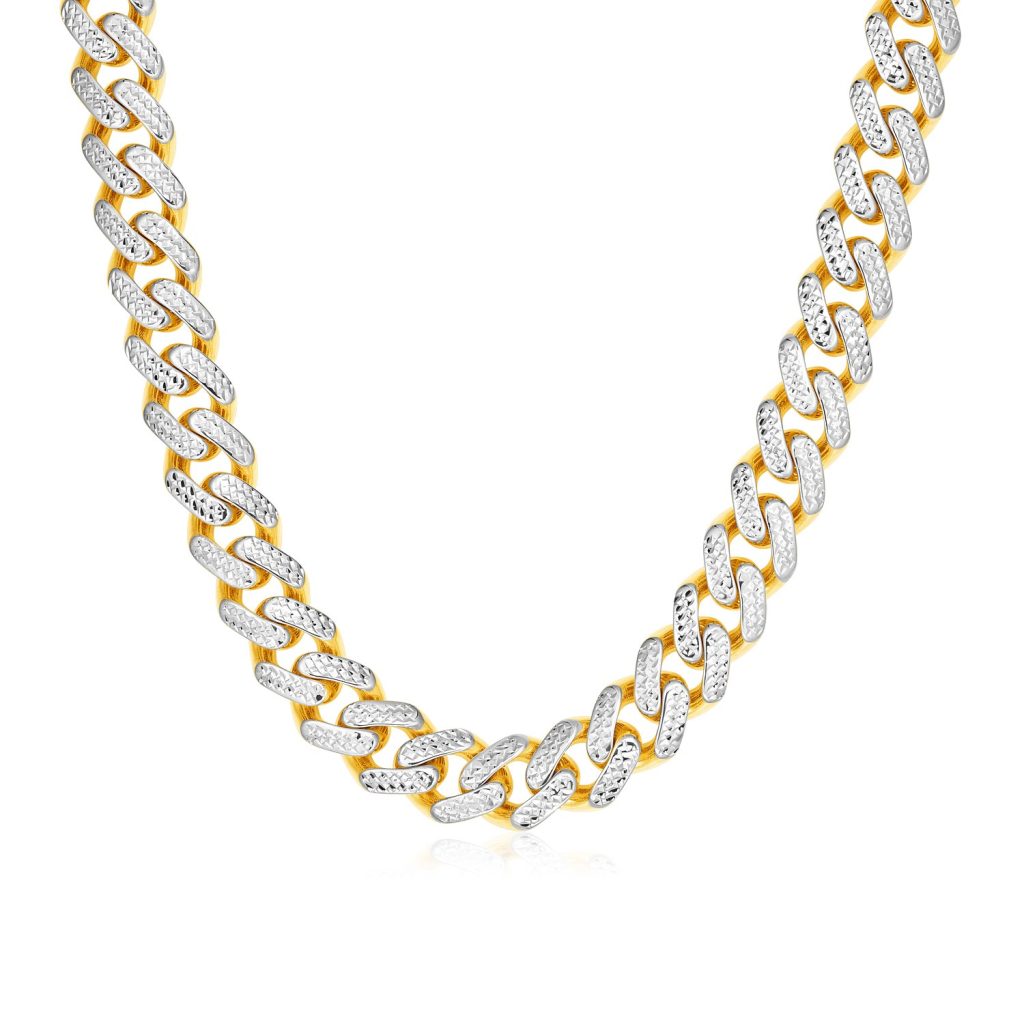 14k Two Tone Gold Miami Cuban Chain Necklace with White Pave 