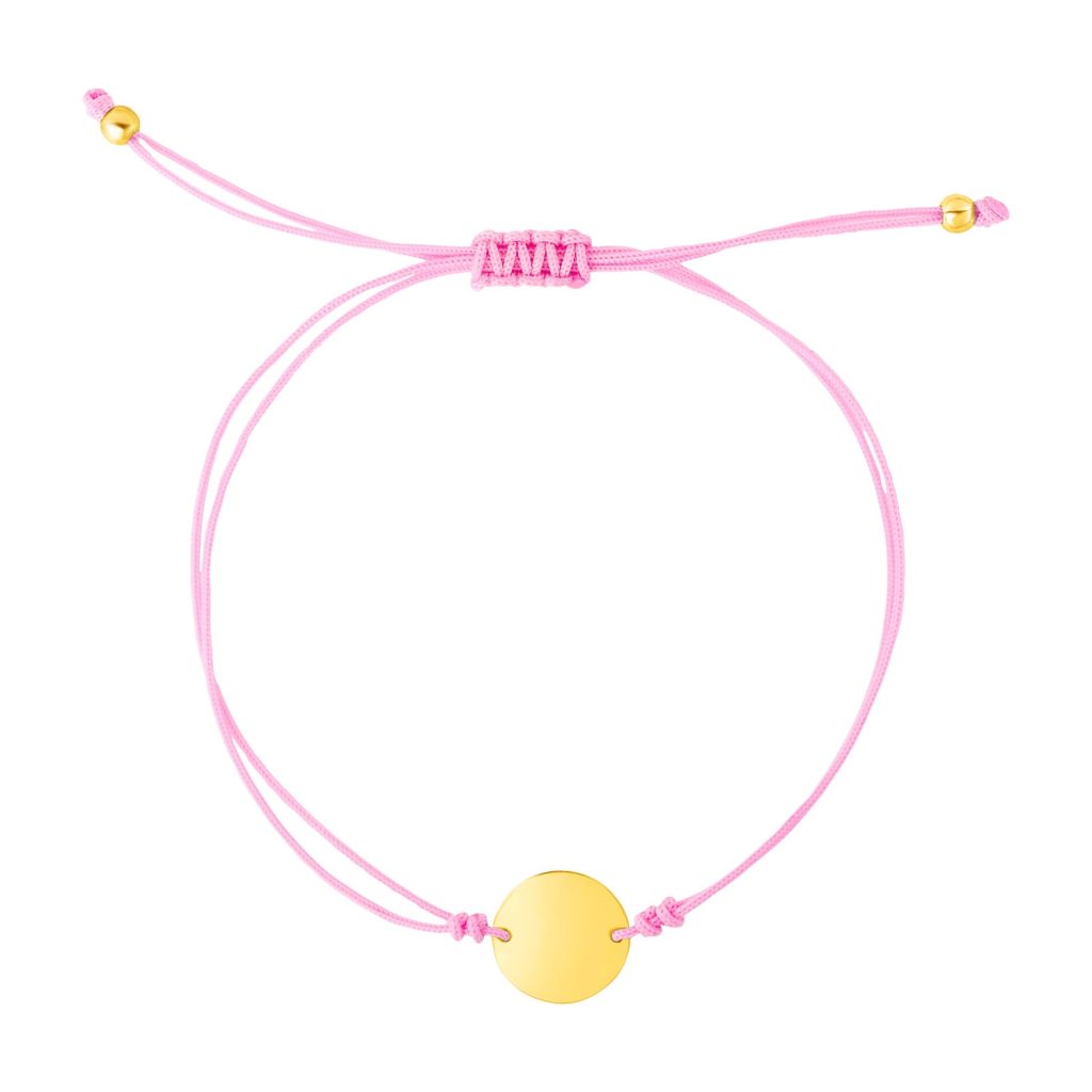 9 1/4 inch Pink Cord Adjustable Bracelet with 14k Yellow Gold Circle.