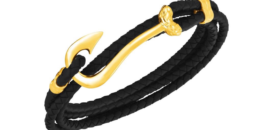 14k Yellow Gold and Rubber Mens Bracelet with Hook Clasp