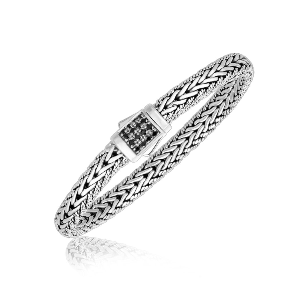 Sterling Silver Braided Style Men’s Bracelet with Black Sapphire Accents