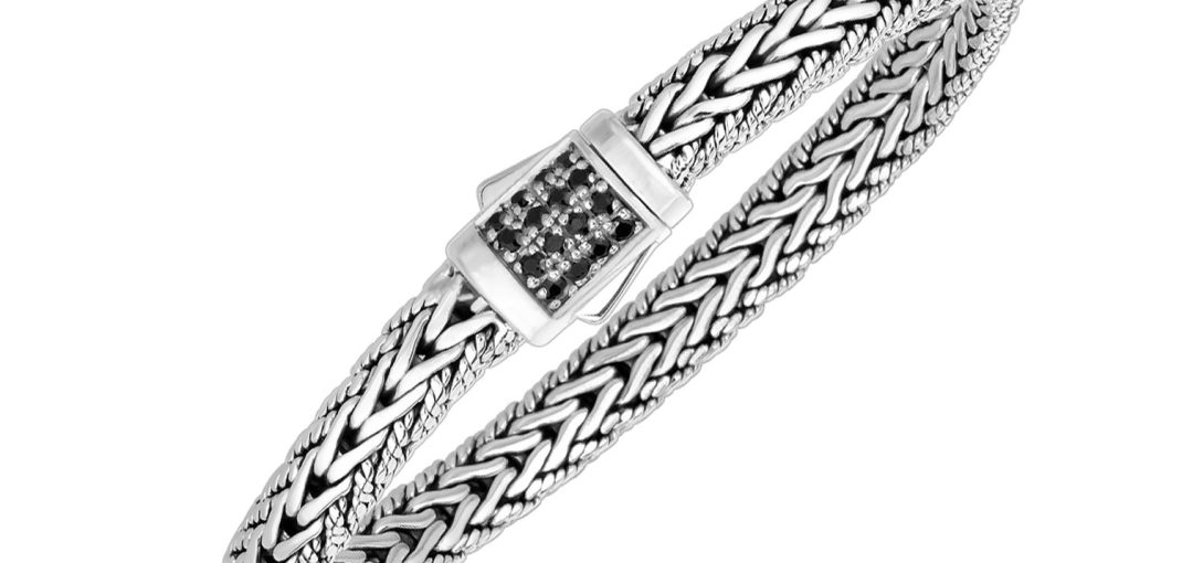Sterling Silver Braided Style Men’s Bracelet with Black Sapphire Accents