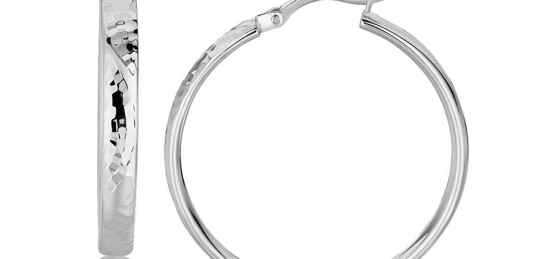 Sterling Silver Hammered Style Hoop Earrings with Rhodium Plating (30mm)