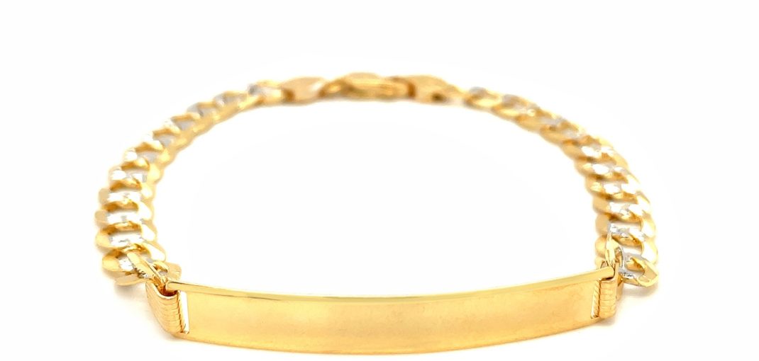 14k Two Tone Gold 8 1-2 inch Mens Narrow Curb Chain ID Bracelet with White Pave