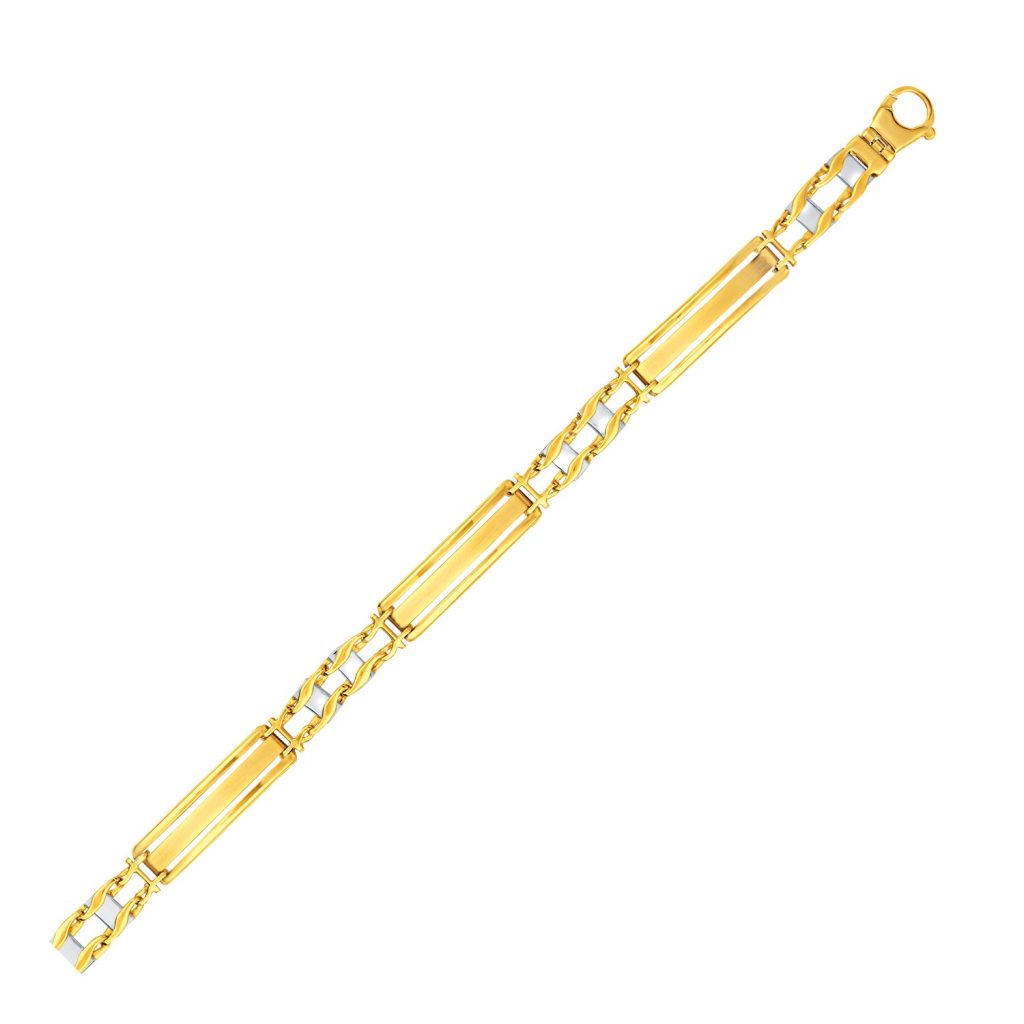 14k Two-Tone Gold Fancy Bar Style Men’s Bracelet with Curved Connectors