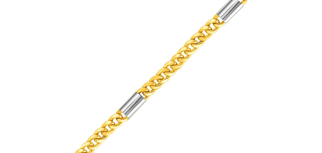 14k Two Tone Gold Mens Twisted Oval and Bar Link Bracelet