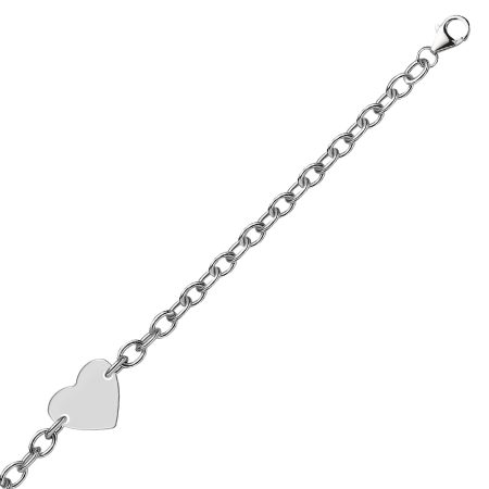 Sterling Silver Rhodium Plated Chain Bracelet with a Flat Heart Station (5.00 mm)