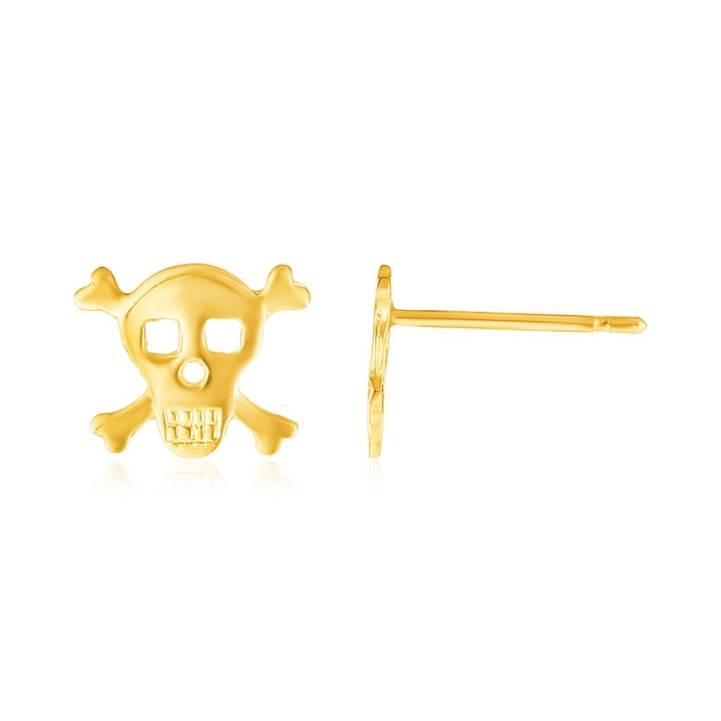 14K Yellow Gold Skull and Crossbones Post Earrings.