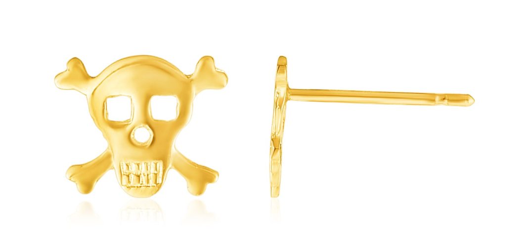 14K Yellow Gold Skull and Crossbones Post Earrings.