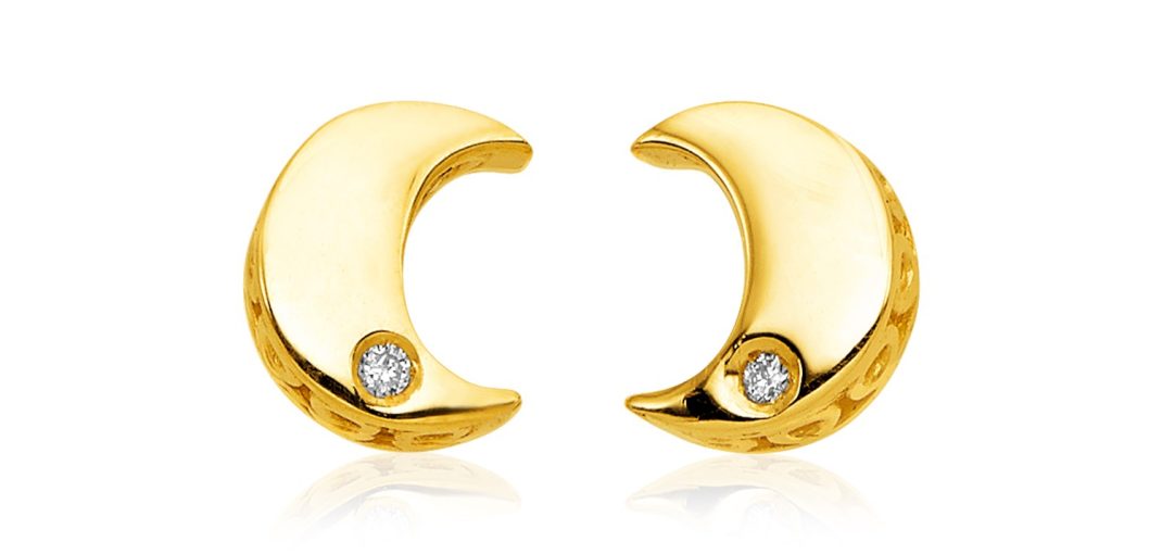 14k Yellow Gold Polished Moon Earrings with Diamonds