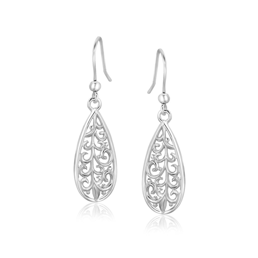 Sterling Silver Teardrop Filigree Style Drop Earrings.