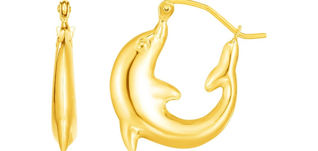 14K Yellow Gold Dolphin Hoop Earrings.