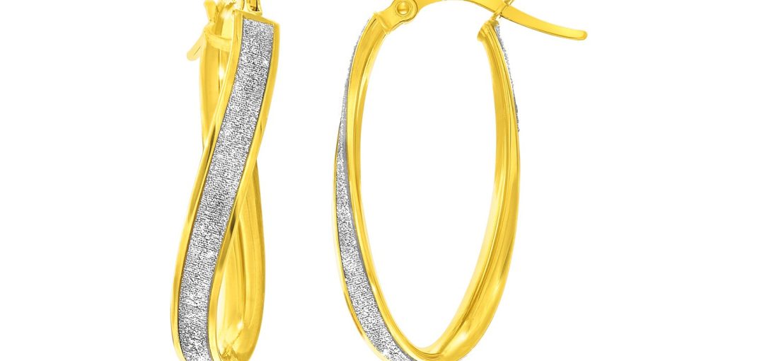 14k Two-Tone Gold Oval Hoop Twist Glittery Earrings.