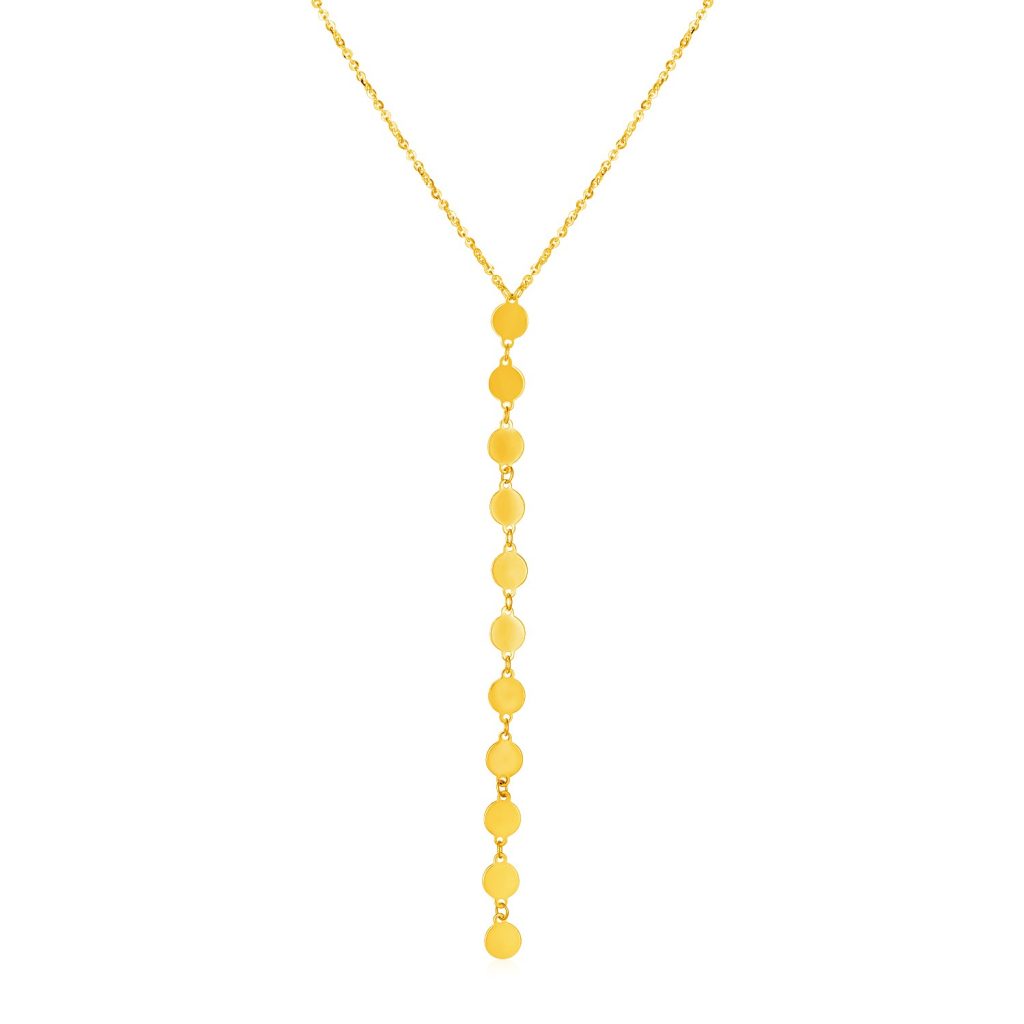 14k Yellow Gold Lariat Style Necklace with Disks.