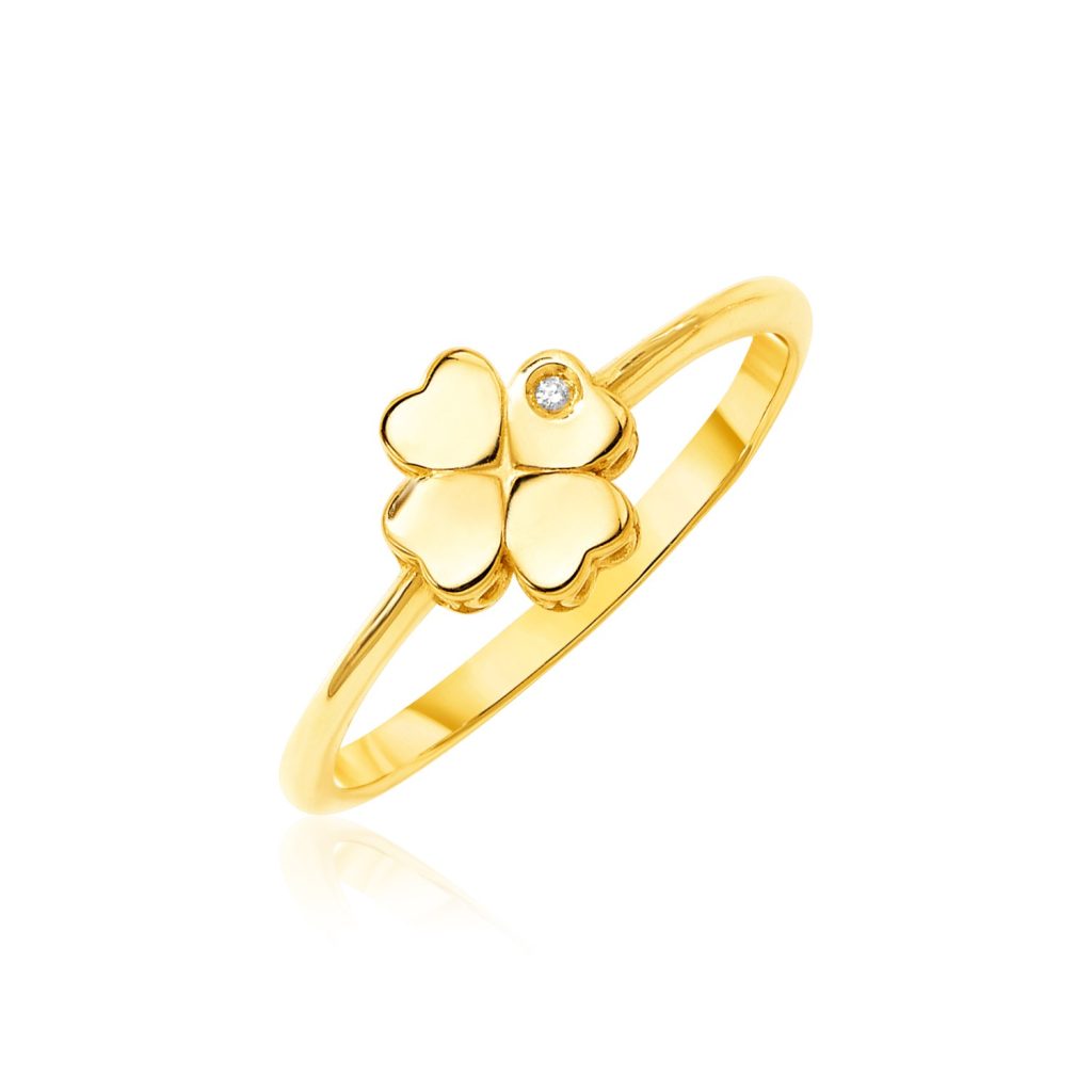 14k Yellow Gold Polished Four Leaf Clover Ring with Diamond.