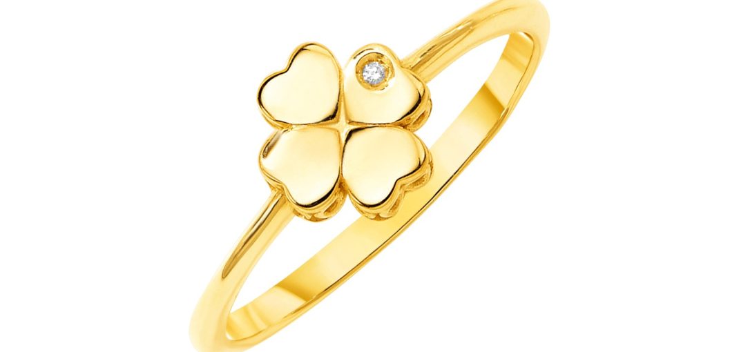 14k Yellow Gold Polished Four Leaf Clover Ring with Diamond.