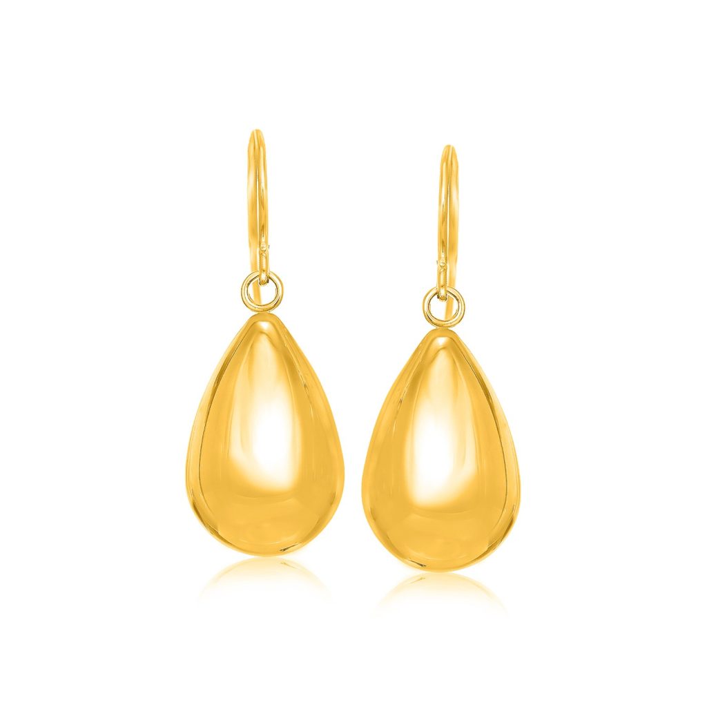 14k Yellow Gold Polished Teardrop Motif Drop Earrings.