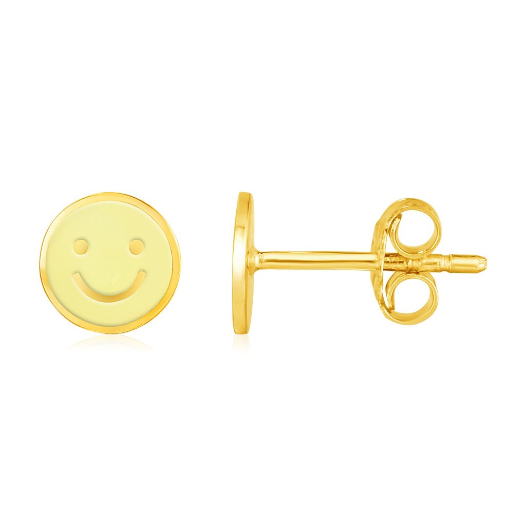 14k Yellow Gold and Enamel Yellow Smiley Face Stud Earrings.