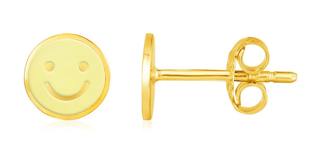 14k Yellow Gold and Enamel Yellow Smiley Face Stud Earrings.