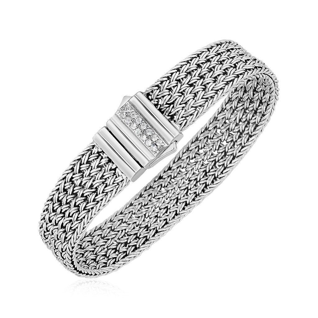 Woven Rope Bracelet with White Sapphire Accented Clasp in Sterling Silver.