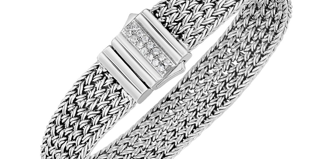 Woven Rope Bracelet with White Sapphire Accented Clasp in Sterling Silver.