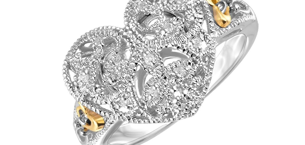 Designer Sterling Silver and 14k Yellow Gold Filigree Heart Ring with Diamonds.