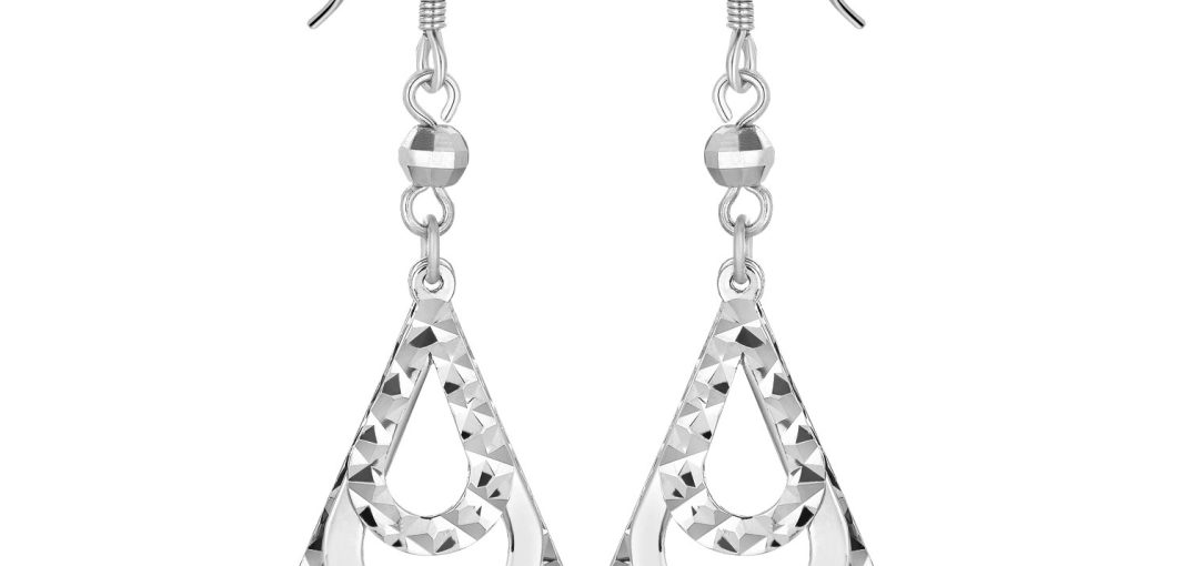 Sterling Silver Textured Graduated Open Teardrop Dangling Style Earrings.