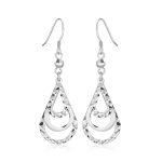 Sterling Silver Textured Graduated Open Teardrop Dangling Style Earrings.