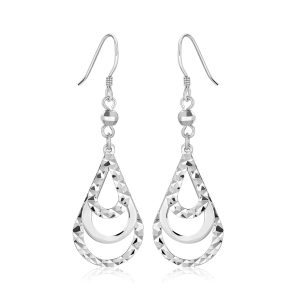 Sterling Silver Textured Graduated Open Teardrop Dangling Style Earrings.