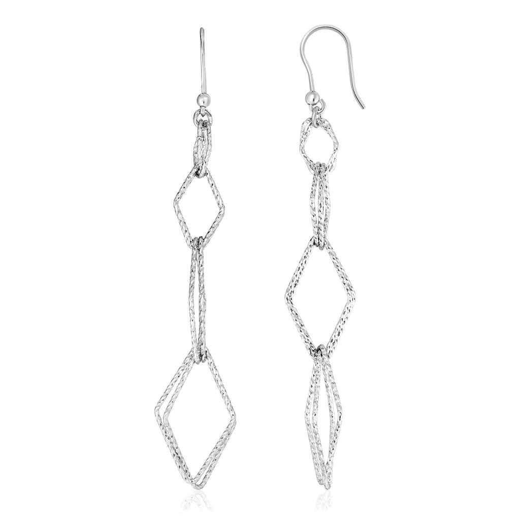 Sterling Silver Textured Interlocking Diamond Motif Dangle Earrings.