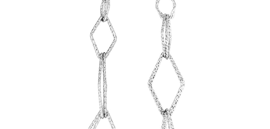 Sterling Silver Textured Interlocking Diamond Motif Dangle Earrings.