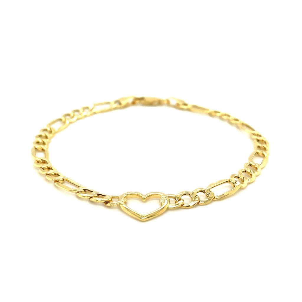 14k Yellow Gold 7 inch Figaro Chain Bracelet with Heart.