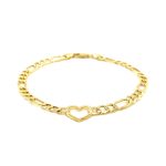 14k Yellow Gold 7 inch Figaro Chain Bracelet with Heart.