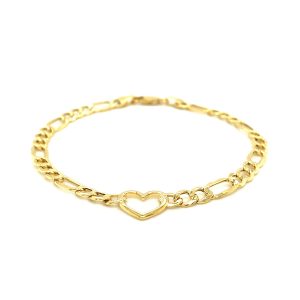 14k Yellow Gold 7 inch Figaro Chain Bracelet with Heart.